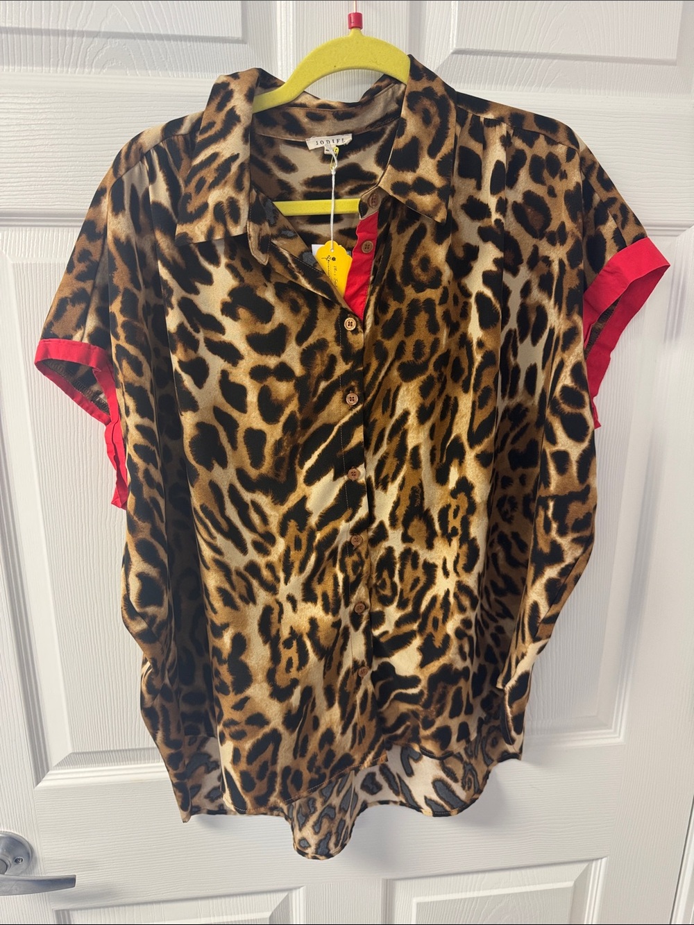 JODIFL Leopard Print Button-Down Top with Red Trim